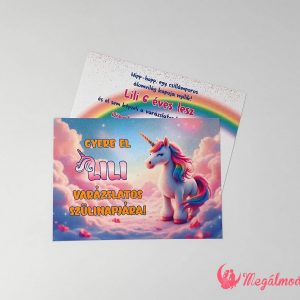 Unikornisos szülinapi meghívó gyerekeknek, 11x15 cm-es, kétoldalas, gyöngyházfényű kartonra nyomtatva