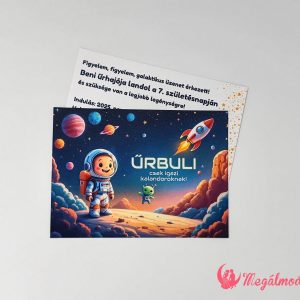 Űrhajós szülinapi meghívó gyerekeknek, 11x15 cm-es, kétoldalas, gyöngyházfényű kartonra nyomtatva