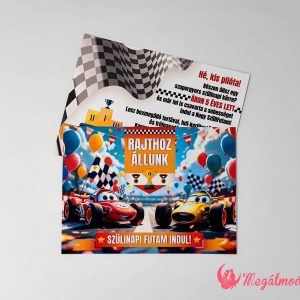 Versenyautós szülinapi meghívó gyerekeknek, 11x15 cm-es, kétoldalas, gyöngyházfényű kartonra nyomtatva