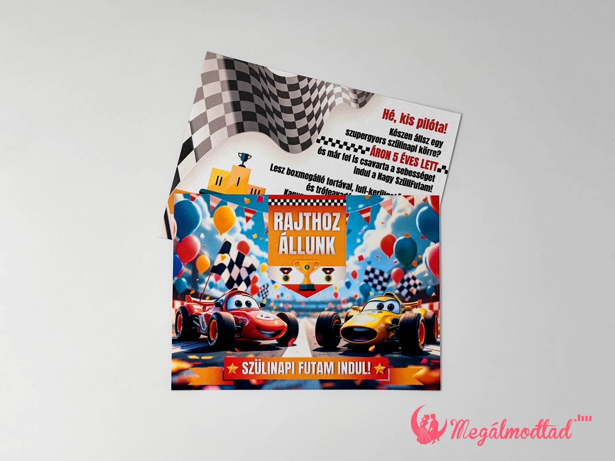 Versenyautós szülinapi meghívó gyerekeknek, 11x15 cm-es, kétoldalas, gyöngyházfényű kartonra nyomtatva