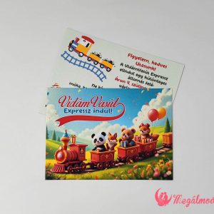 Vonatos szülinapi meghívó gyerekeknek, panda, maci és róka illusztrációval, prémium kartonra nyomtatva