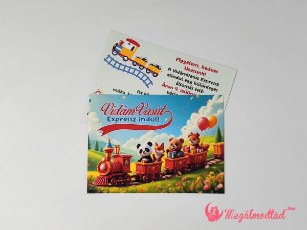 Vonatos szülinapi meghívó gyerekeknek, panda, maci és róka illusztrációval, prémium kartonra nyomtatva