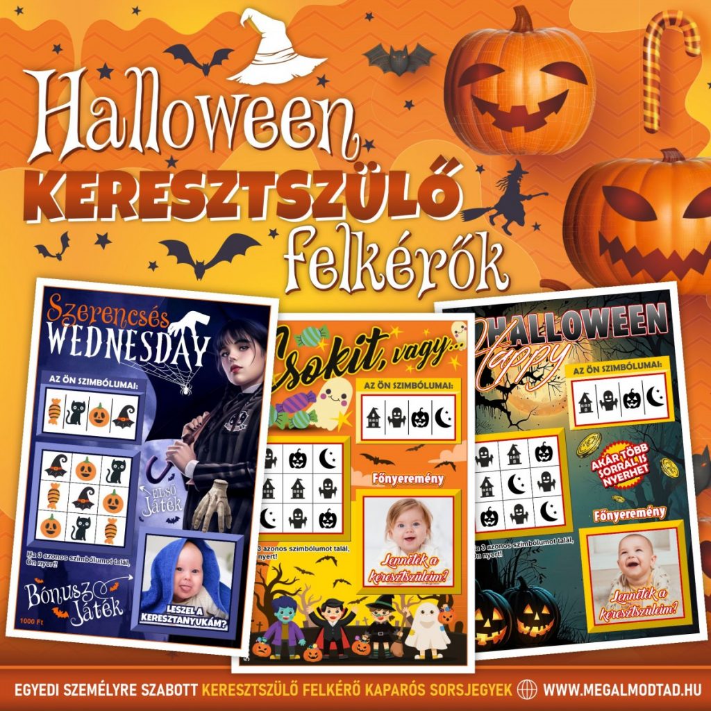 Halloween keresztszülő felkérő kaparós sorsjegy Wednesday, Csokit vagy csalunk és Happy Halloween mintákkal