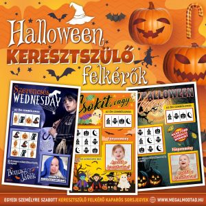 Halloween keresztszülő felkérő kaparós sorsjegy Wednesday, Csokit vagy csalunk és Happy Halloween mintákkal
